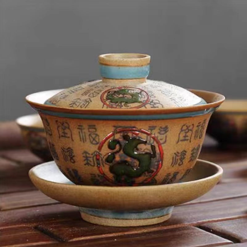 hand-painted Master Wu three piece gai wan Kung Fu tea cup -IM293